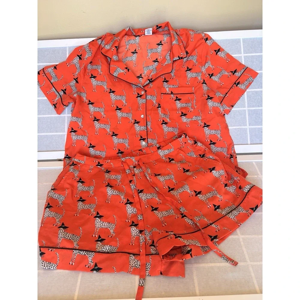 Bouffants & Broken Hearts Orange Leopard Cheetah Witch PJs Shorts Halloween SzL